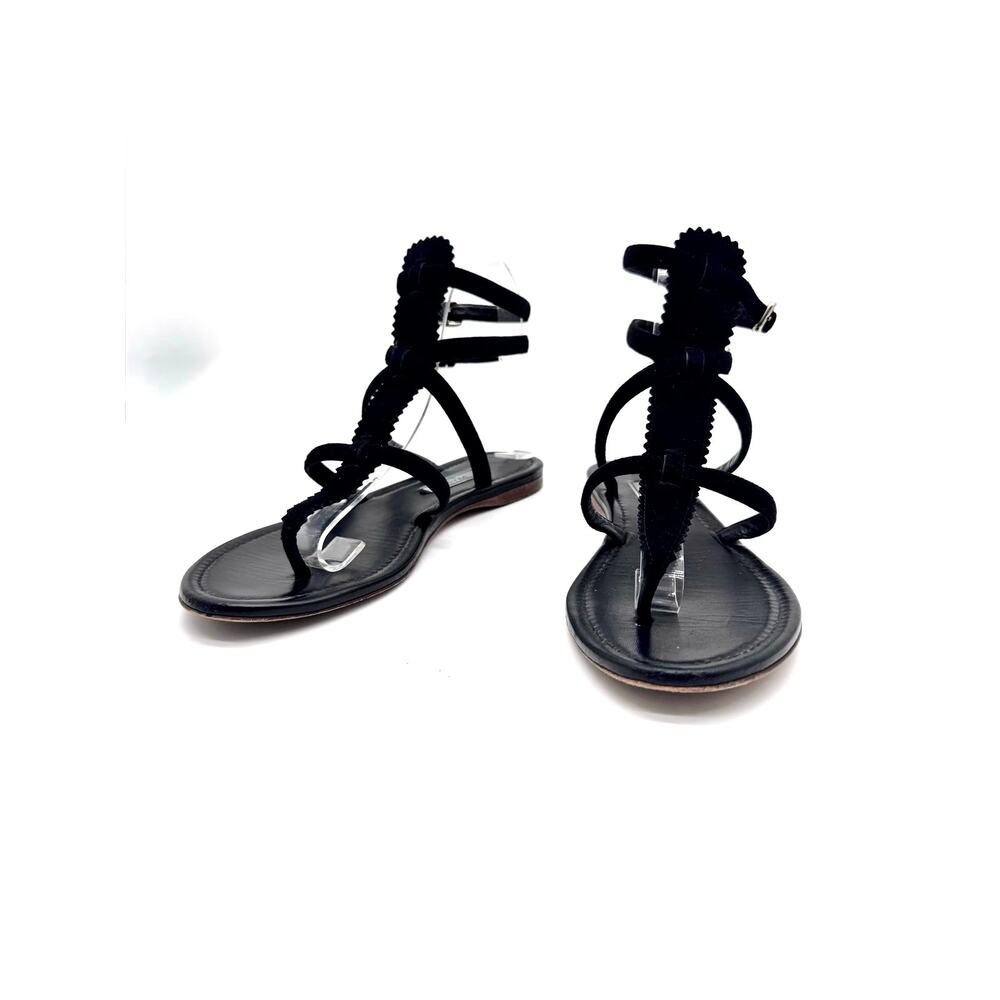 Prada Black Leather T Strap Flat Sandals Ruffled Trim Ankle Buckle EU 38 - Picture 3 of 12